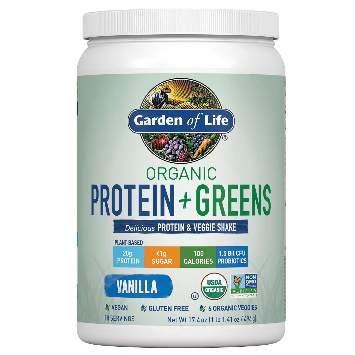 Batido vegetal orgánico vegano con proteína y verduras de Garden of Life, vainilla, 17,4 oz